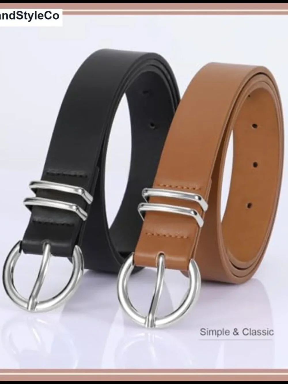 2 Pack Faux Leather Belts for Women Gold Buckle Fashion Belt